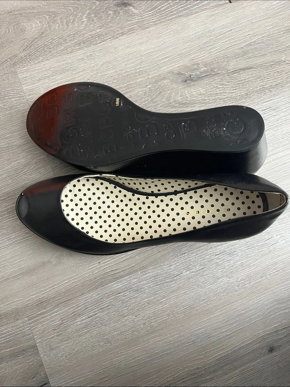 BCBGirls Women’s Black Peep-Toe Size 10B Wedge Heels with Polka-Dot Insole